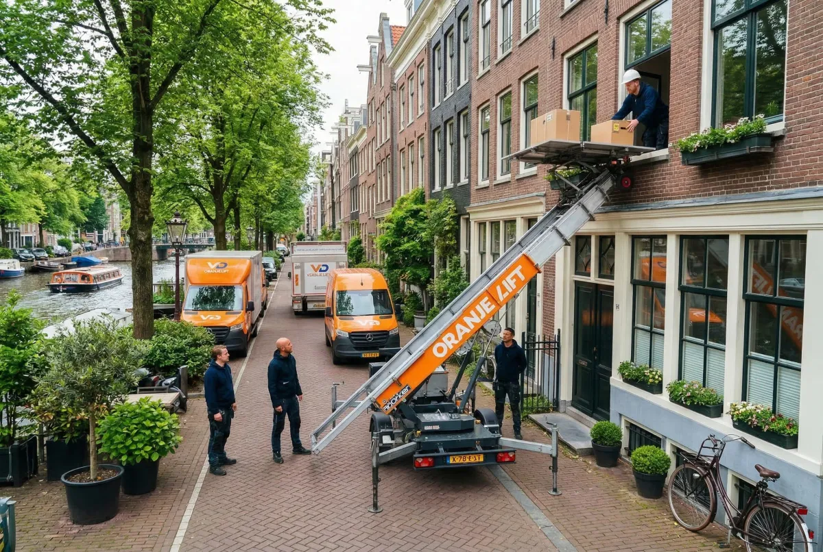 Operator helpt mee met het inladen van meubels op de aanhangerlift
