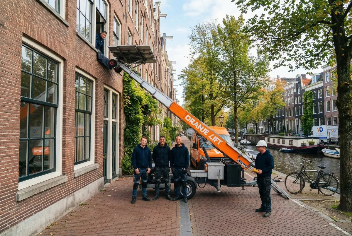 Aanhangerlift opgesteld in smalle Amsterdamse straat