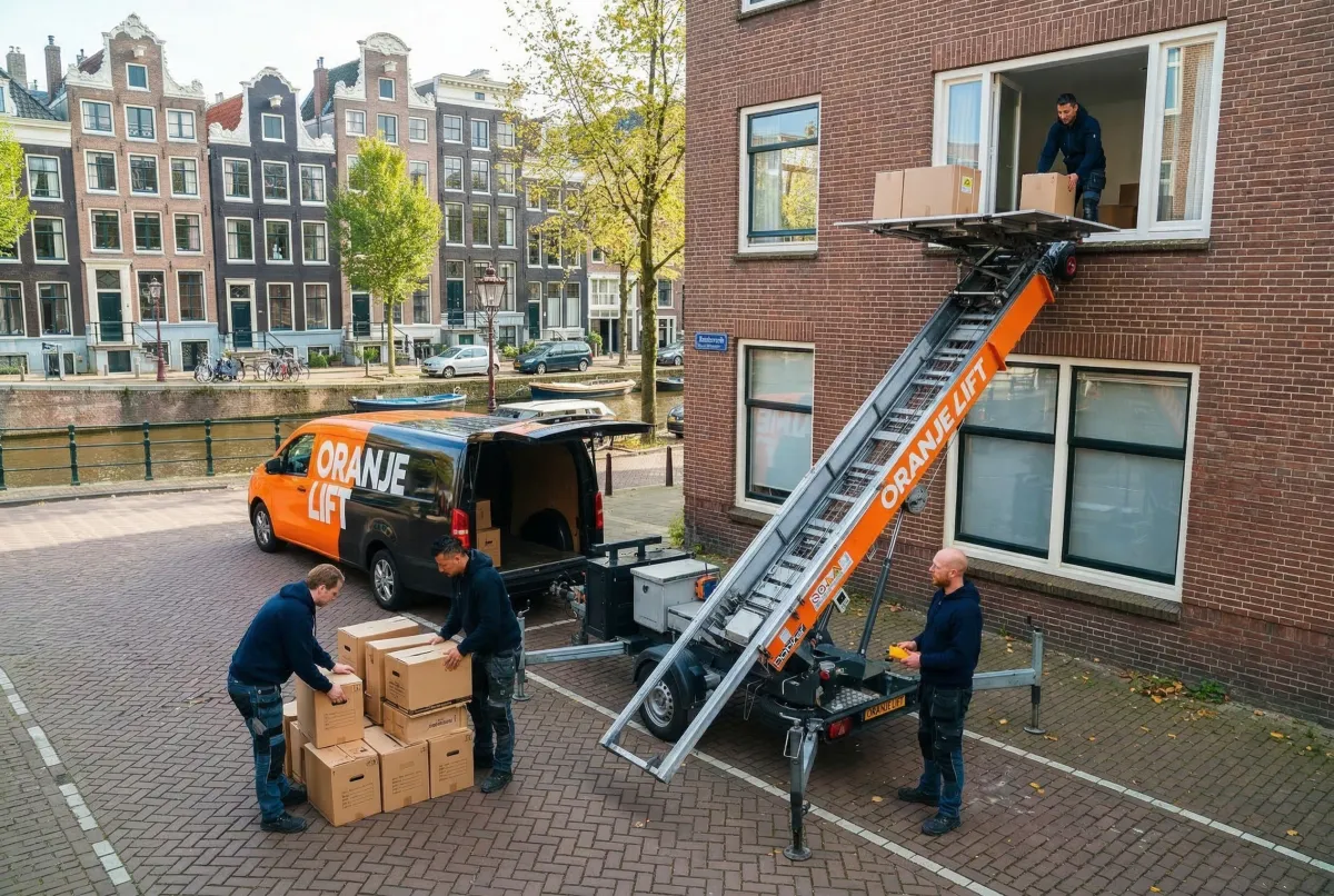 Aanhangerlift bij gracht met verhuisdozen