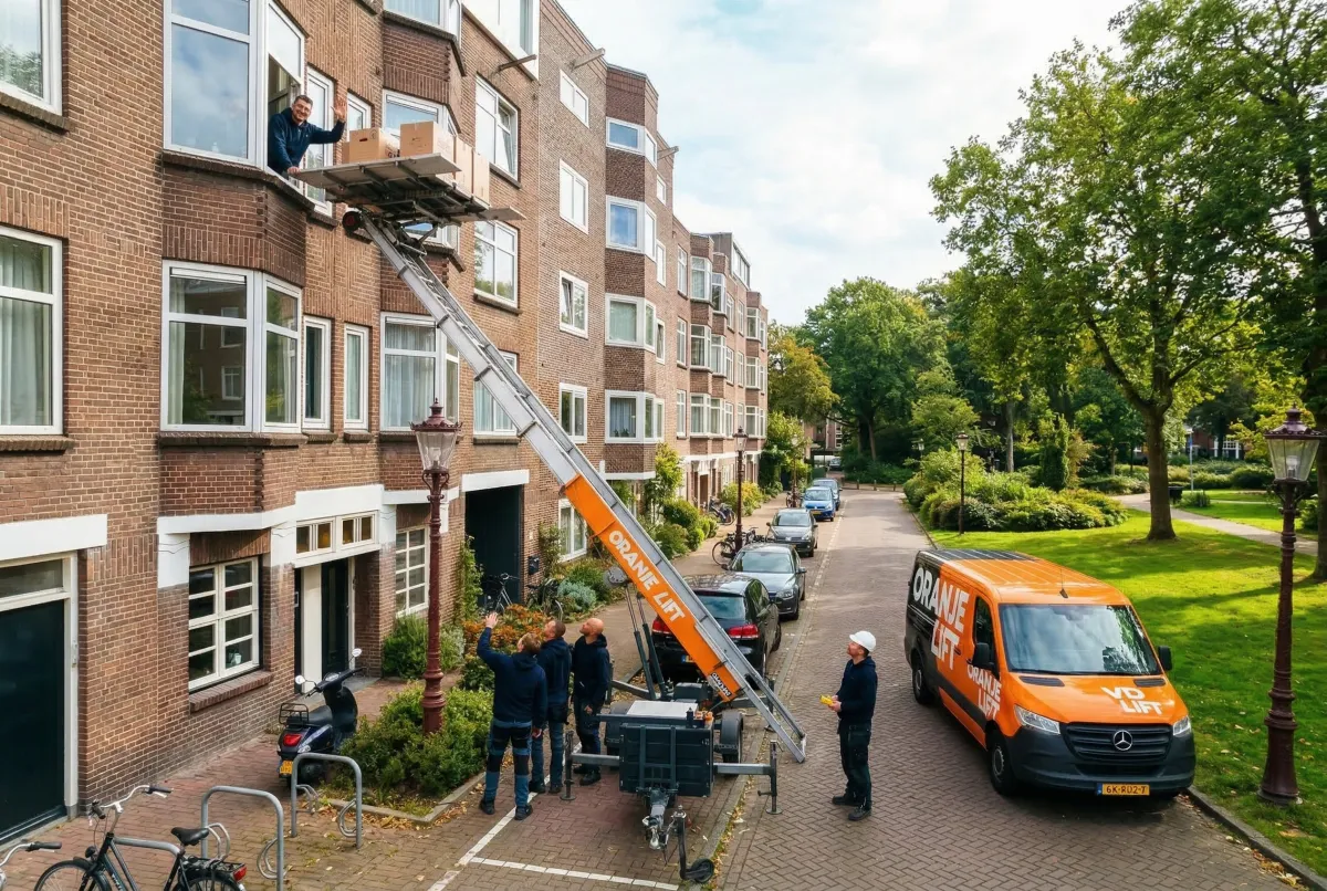 OranjeLift spoedservice - verhuislift in actie bij flatgebouw
