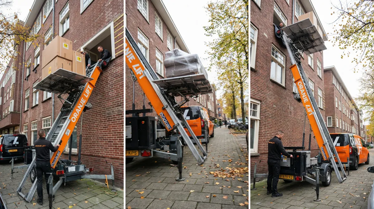 Collage van aanhangerlift bij flatgebouw