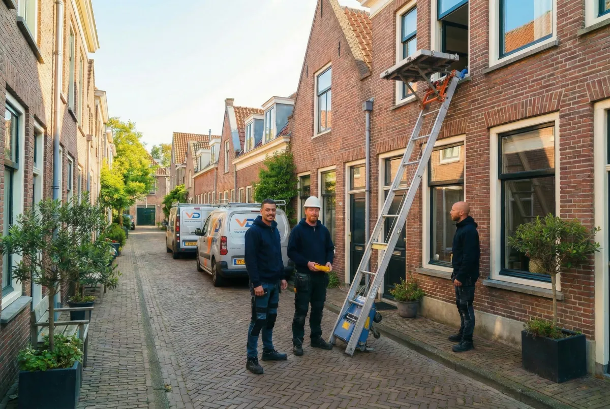 GEDA opbouwlift in smal straatje met team erbij