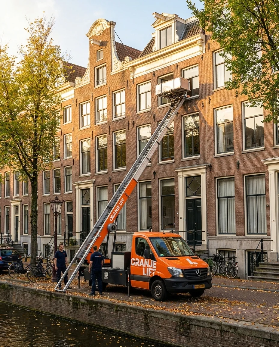 OranjeLift verhuislift levert aan Amsterdams grachtenpand zonder vast tijdstip