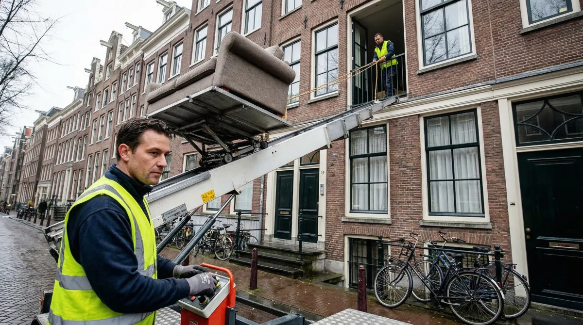Verhuislift langs de gevel van een hoog gebouw