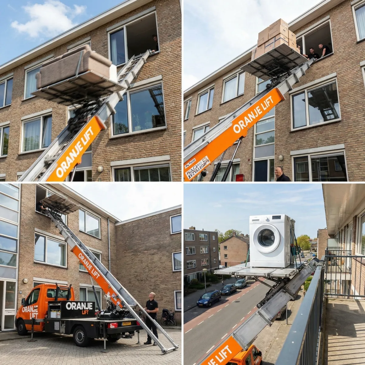 Verhuislift bij flatgebouw met wasmachine op het platform