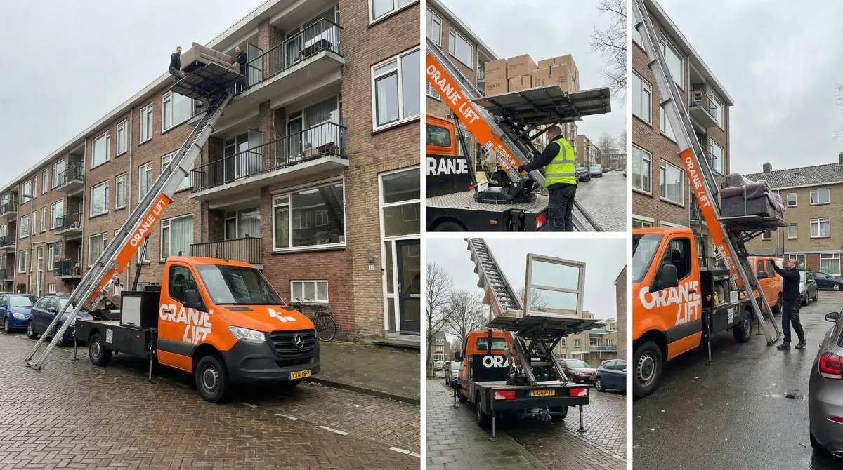 Verhuislift in gebruik bij flatgebouw op regenachtige dag